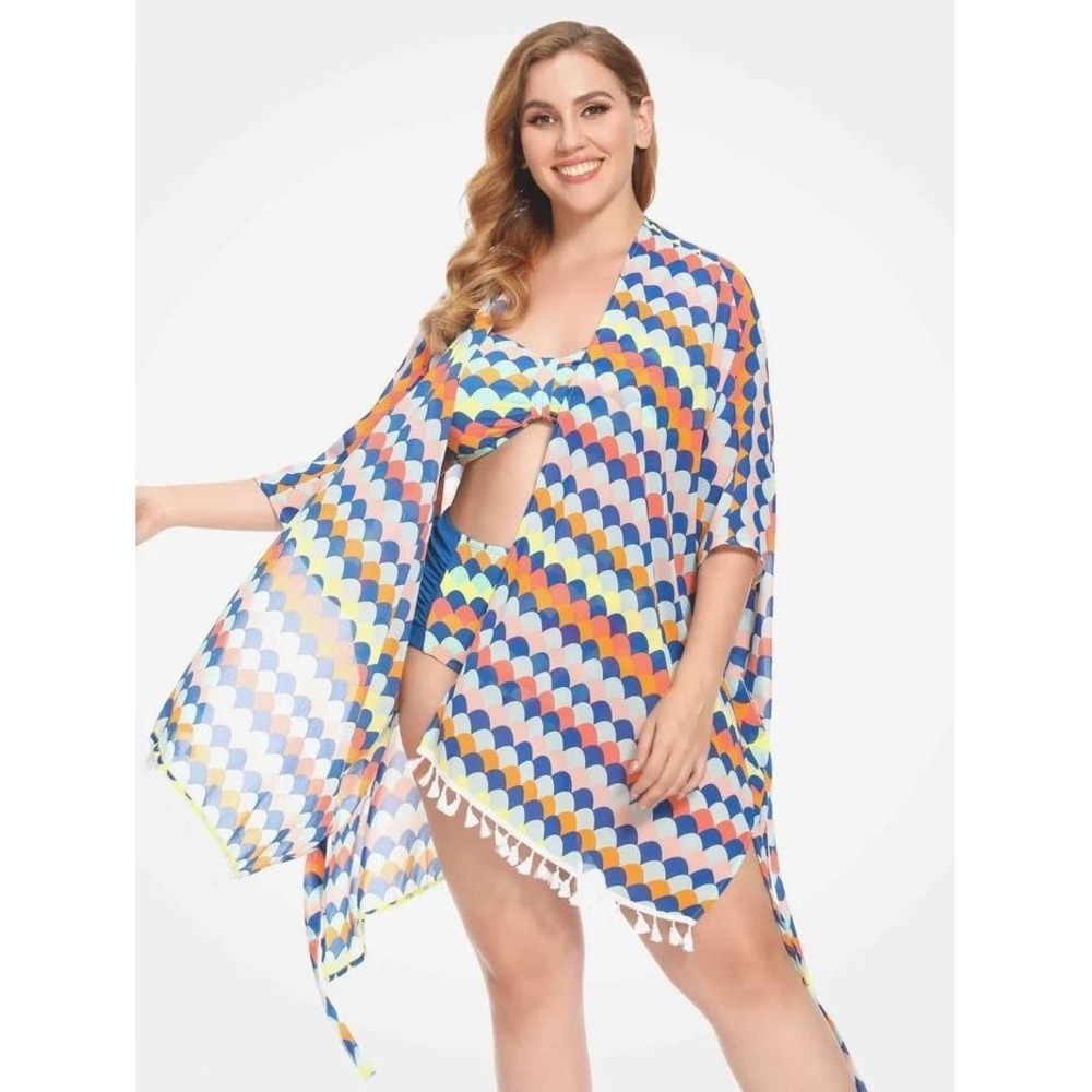 As Rose Rich Kimono Swim Cover Up Geometric Tassel Fringe Wrap 2X NEW